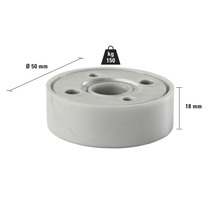 Möbelrolle mit einer Tragkraft von 150 Kilogramm und den Maßen 50 Millimeter Durchmesser und 18 Millimeter Höhe.