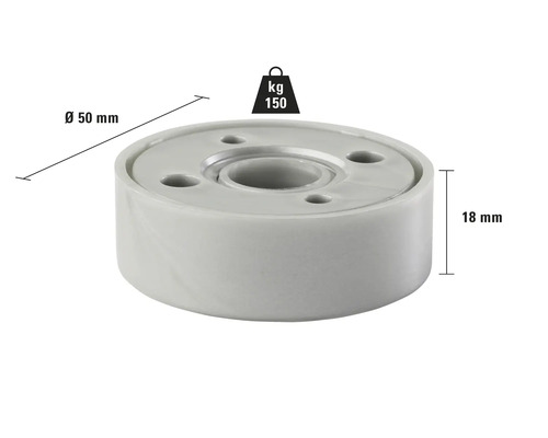Möbelrolle mit einer Tragkraft von 150 Kilogramm und den Maßen 50 Millimeter Durchmesser und 18 Millimeter Höhe.