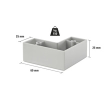 Pied d'angle de dimensions 60 mm par 25 mm et d'une capacité de charge de 150 kilogrammes.