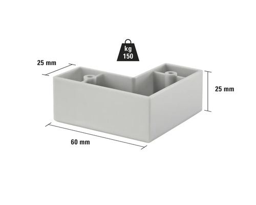 Pied d'angle de dimensions 60 mm par 25 mm et d'une capacité de charge de 150 kilogrammes.