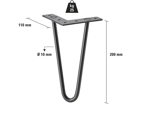 Pied de table en métal, hauteur 200 mm, avec une capacité de charge de 25 kg