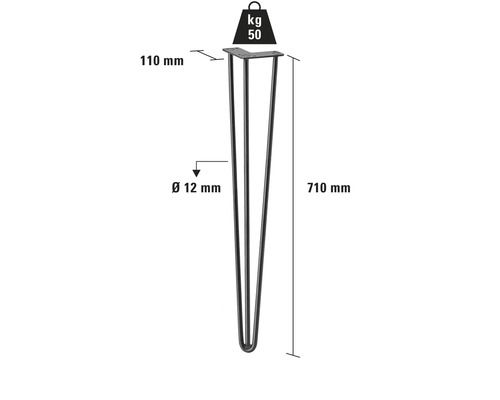 Pied de table en acier, forme d'épingle à cheveux, longueur 710 mm, capacité de charge 50 kg
