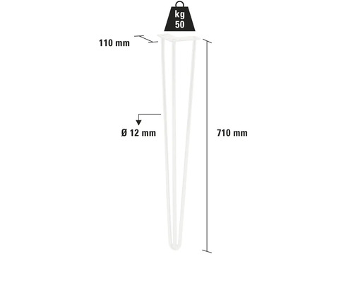 Pied de table en métal, hauteur 710 mm, diamètre 12 mm, capacité de charge 50 kg