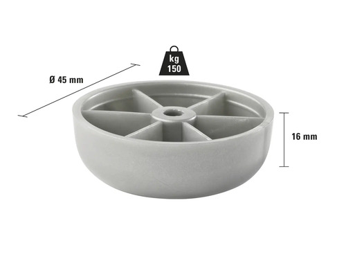 Möbelfuß aus Kunststoff mit 45 mm Durchmesser und 16 mm Höhe, Belastbarkeit 150 kg