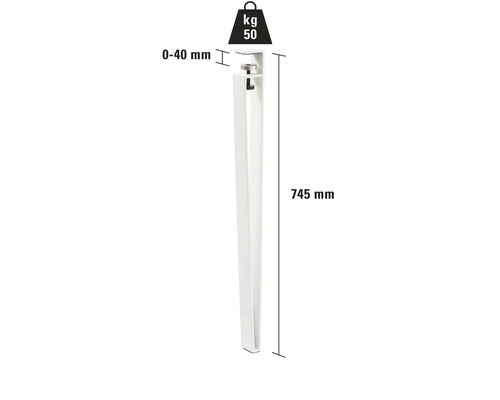 Pied de table, longueur 745 mm, plage de serrage 0 à 40 mm, capacité de charge 50 kg