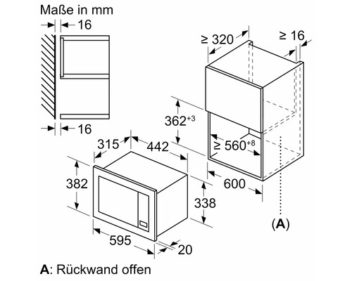 Schéma coté d'un four à micro-ondes avec dimensions d'encastrement