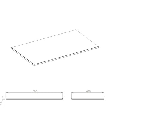 Dessin technique d'un plateau de table mesurant 806 x 460 x 15 millimètres