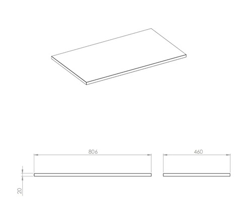 Dessin technique d'un plan de travail mesurant 806 x 460 x 20 millimètres.