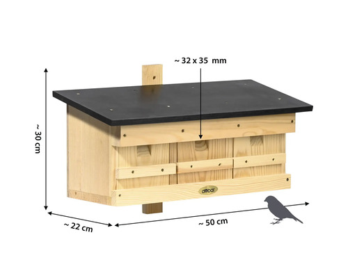 Nichoir en bois avec toit et indications de taille