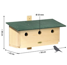 Nichoir en bois avec trois entrées et des dimensions de 50 x 22 x 30 cm