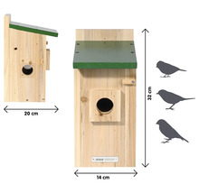 Nichoir en bois avec des dimensions de 32 cm de hauteur, 14 cm de largeur et 20 cm de profondeur