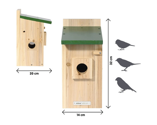 Nichoir en bois avec des dimensions de 32 cm de hauteur, 14 cm de largeur et 20 cm de profondeur