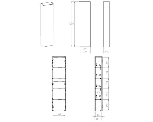 Dessin technique d'une armoire haute de salle de bains avec dimensions