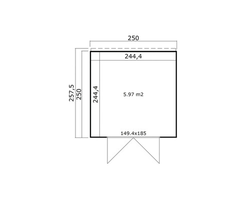 Plan avec les dimensions 250 sur 257,5 centimètres et une surface de 5,97 mètres carrés