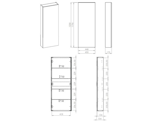 Schéma technique d'une armoire haute avec indications de dimensions