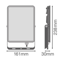 Abbildung eines Strahlers mit den Maßen 161 mm Breite, 238 mm Höhe und 30 mm Tiefe.