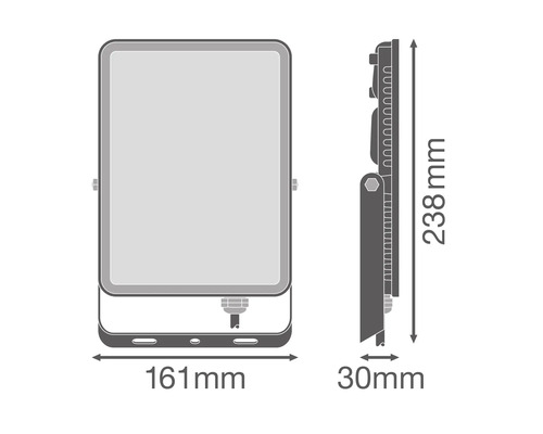 Abbildung eines Strahlers mit den Maßen 161 mm Breite, 238 mm Höhe und 30 mm Tiefe.