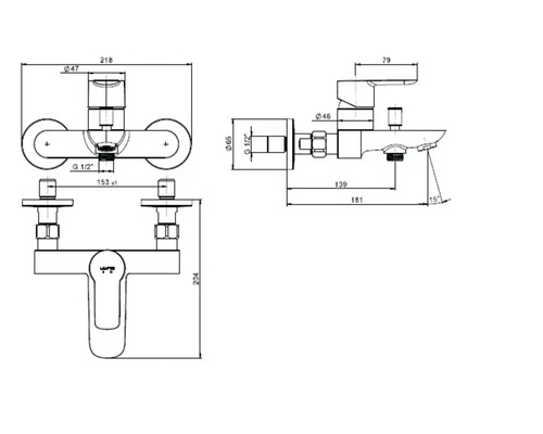 Dessin technique d'un robinet de salle de bain avec dimensions