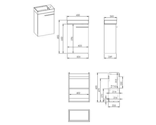 Schéma technique d'un meuble sous-lavabo avec dimensions