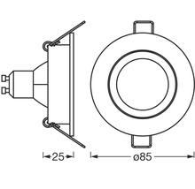 Technische Zeichnung einer Einbauleuchte mit den Maßen 25 und 85 Millimeter.