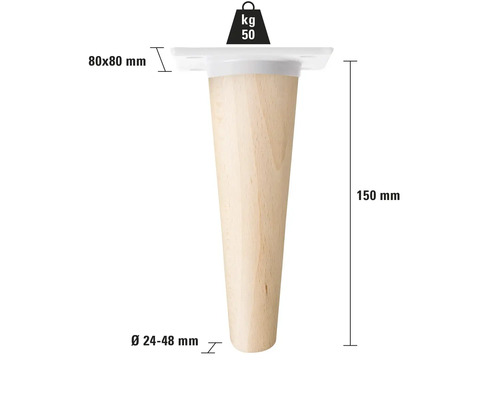 Pied de meuble en bois avec une capacité de charge de 50 kilogrammes et des dimensions de 150 x 80 x 80 millimètres