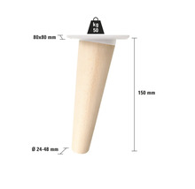 Möbelfuss aus Holz, 150 mm hoch, mit den Massen 80x80 mm oben und einem Durchmesser von 24 bis 48 mm unten, Belastbarkeit 50 kg
