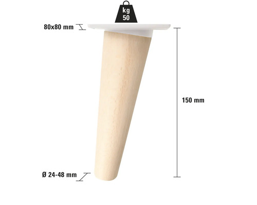 Möbelfuss aus Holz, 150 mm hoch, mit den Massen 80x80 mm oben und einem Durchmesser von 24 bis 48 mm unten, Belastbarkeit 50 kg