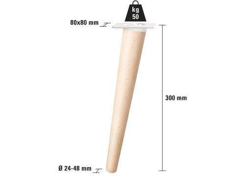 Pied de meuble en bois, hauteur 300 mm, diamètre 24 à 48 mm, plaque de montage 80 x 80 mm, capacité de charge 50 kg