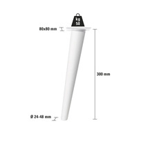Möbelfuß mit den Maßen 80 x 80 Millimeter, einer Höhe von 300 Millimeter und einem Durchmesser von 24 bis 48 Millimeter, belastbar bis 50 Kilogramm