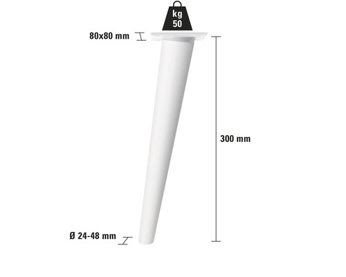 Möbelfuß mit den Maßen 80 x 80 Millimeter, einer Höhe von 300 Millimeter und einem Durchmesser von 24 bis 48 Millimeter, belastbar bis 50 Kilogramm
