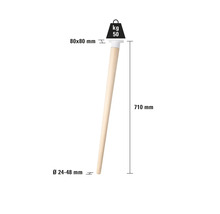Holzmöbelbein mit den Maßen 80 x 80 mm, 710 mm Länge und Durchmesser von 24 bis 48 mm, maximale Belastbarkeit 50 kg