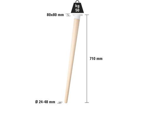 Holzmöbelbein mit den Maßen 80 x 80 mm, 710 mm Länge und Durchmesser von 24 bis 48 mm, maximale Belastbarkeit 50 kg