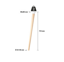 Einzelnes Möbelfuß aus Holz mit den Maßen 710 mm Länge, 80x80 mm oben und einem Durchmesser von 24 bis 48 mm unten.