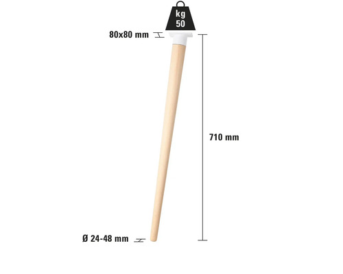 Einzelnes Möbelfuß aus Holz mit den Maßen 710 mm Länge, 80x80 mm oben und einem Durchmesser von 24 bis 48 mm unten.