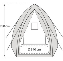 Plan de tente avec des dimensions de 280 cm de hauteur et 340 cm de diamètre