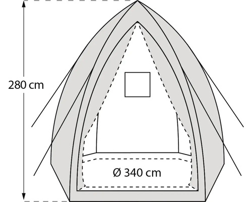 Plan de tente avec des dimensions de 280 cm de hauteur et 340 cm de diamètre