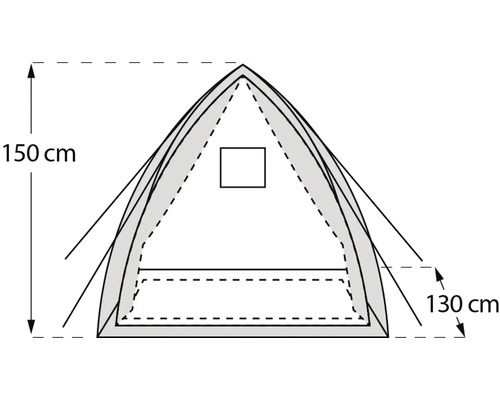 Schéma d'une tente avec indication de la hauteur 150 cm et 130 cm
