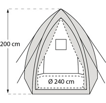 Illustration de tente avec indication de la hauteur 200 cm et du diamètre 240 cm