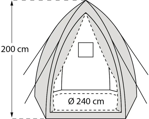 Illustration de tente avec indication de la hauteur 200 cm et du diamètre 240 cm