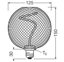 Technische Zeichnung einer dekorativen Lampe mit den Maßen 125 mm Breite und 150 mm Höhe.