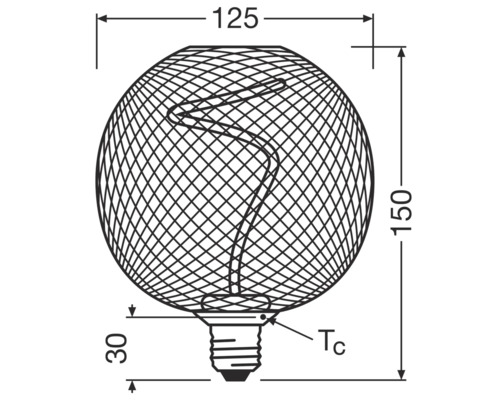Technische Zeichnung einer dekorativen Lampe mit den Maßen 125 mm Breite und 150 mm Höhe.