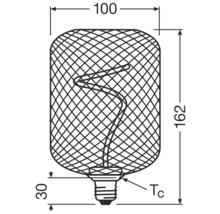 Dessin technique d'une lampe avec les dimensions 100 x 162 millimètres