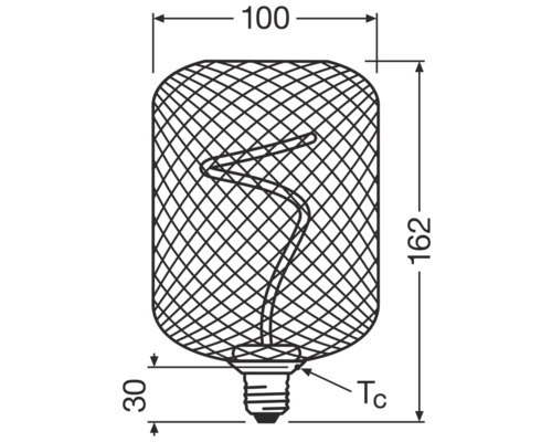 Dessin technique d'une lampe avec les dimensions 100 x 162 millimètres