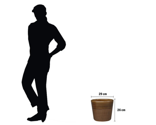 Pot de fleurs avec dimensions et silhouette d'une personne servant de comparaison de taille