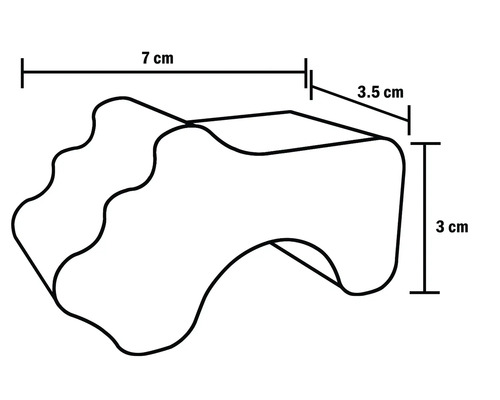 Abbildung eines Zehenspreizers mit den Maßen 7 cm Länge, 3,5 cm Breite und 3 cm Höhe
