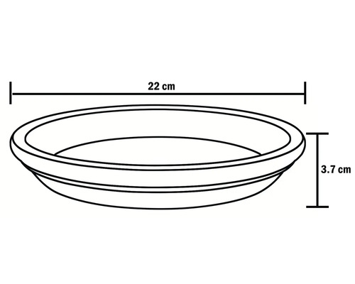 Dessin d'une soucoupe avec les dimensions de 22 cm de longueur et 3,7 cm de hauteur
