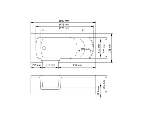 Dessin technique d'une baignoire avec dimensions