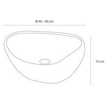 Dessin d'un lavabo à poser avec les dimensions diamètre 40 à 50 centimètres et hauteur 15 centimètres