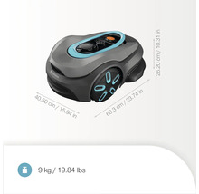 Gardena Mähroboter mit Massangaben zu Länge, Breite und Höhe sowie Gewichtsangabe.