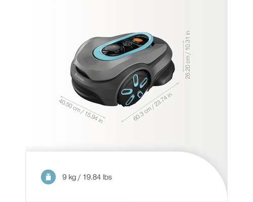 Gardena Mähroboter mit Massangaben zu Länge, Breite und Höhe sowie Gewichtsangabe.